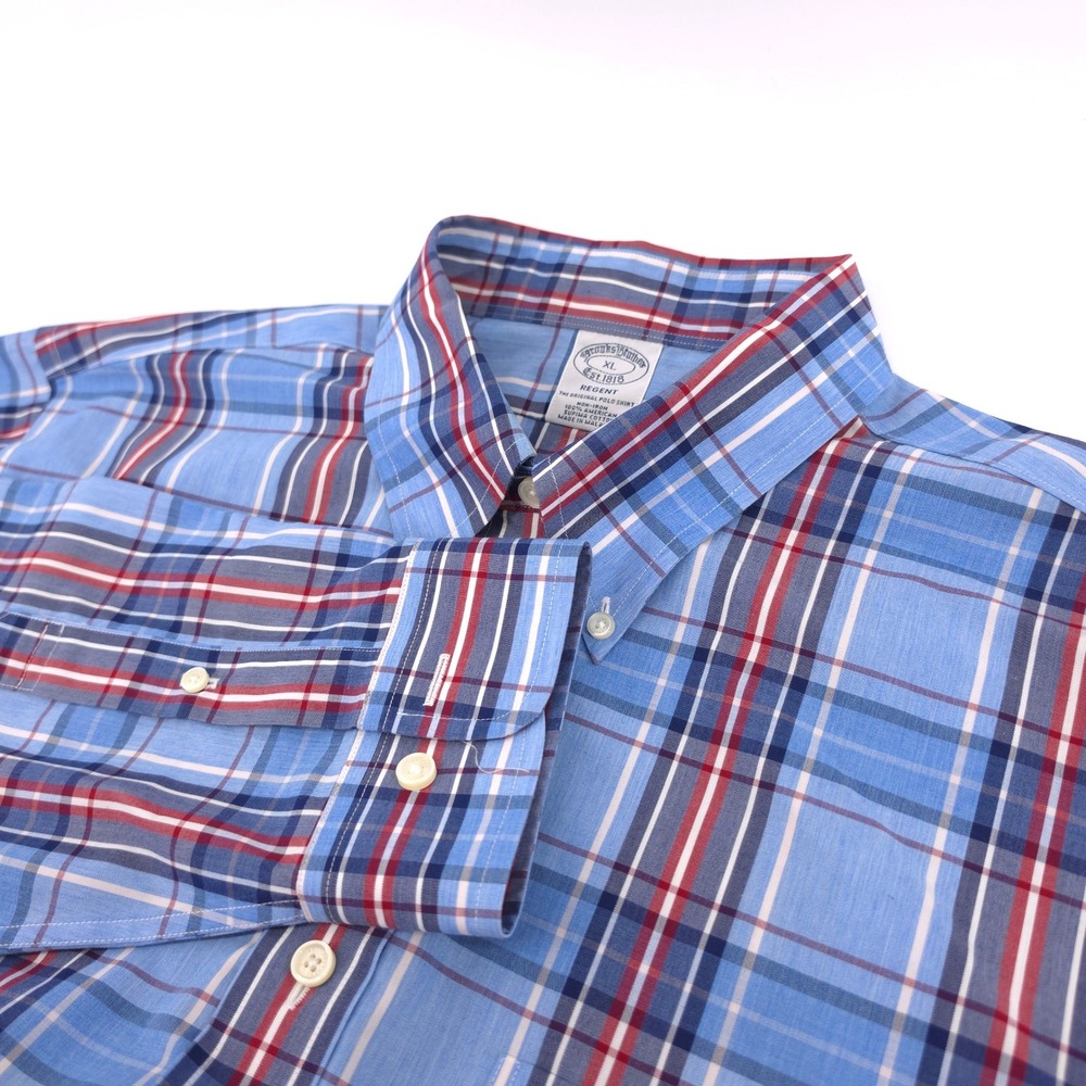 Brooks Brothers Mens Shirt‎ Supima Cotton Blue Red Plaid XL Regent Non-Iron
